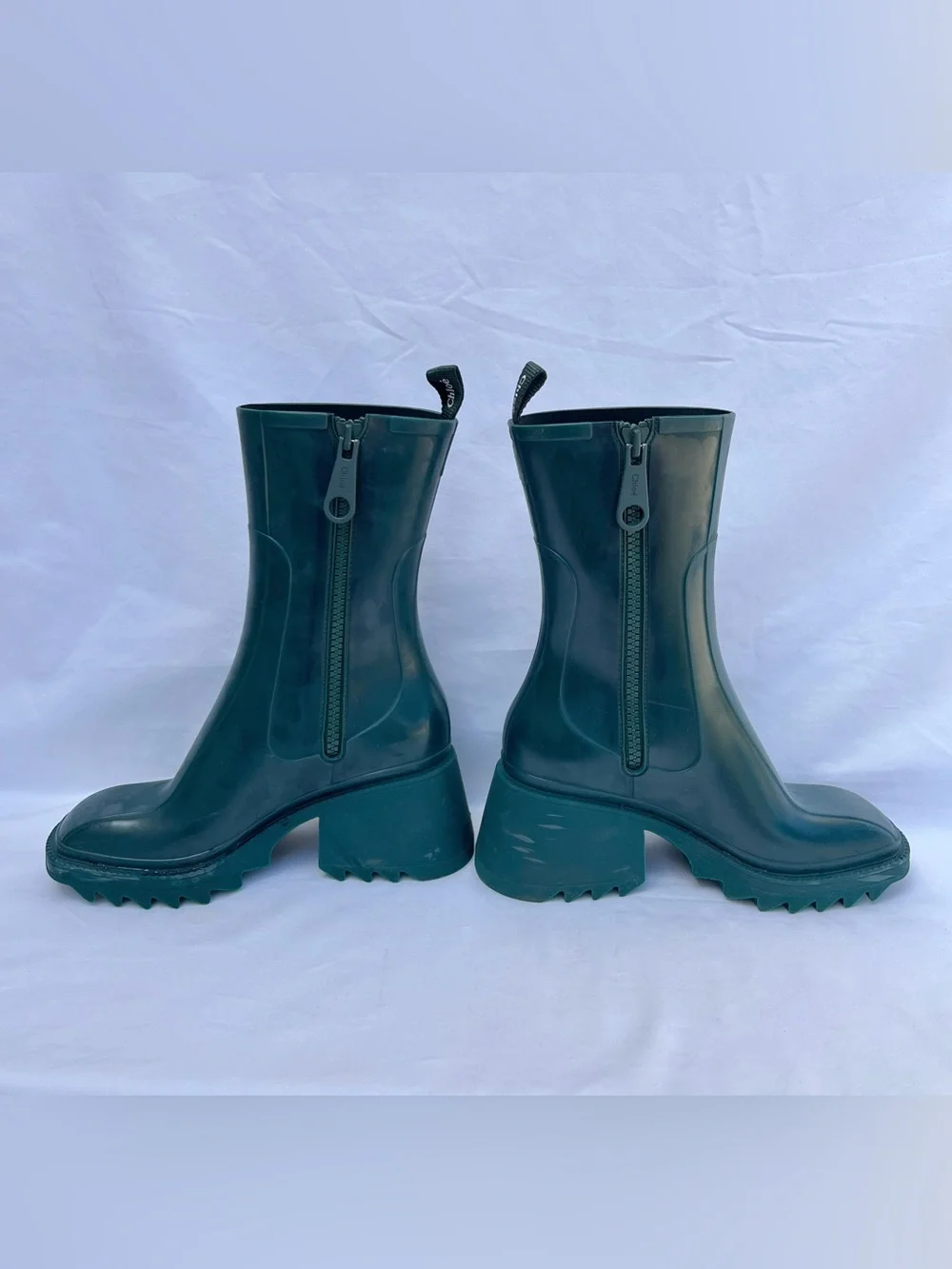 Chloe Betty Dark Emerald Green Rubber Heel Rain Boots Women’s Size 39 US 8